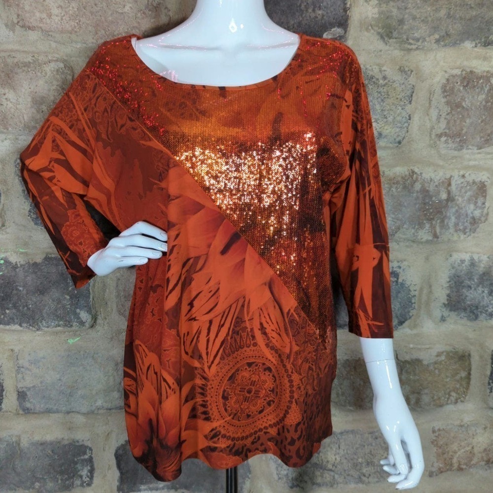 Cato Top Orange Sequins 3/4 Sleeve Mixed Pattern Woman's Size Large Sparkle